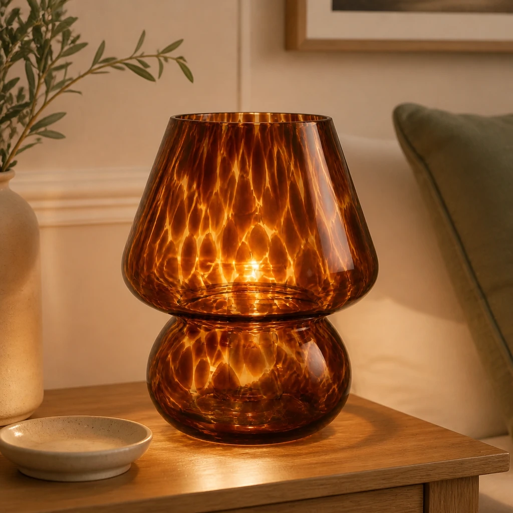 Amber Glass Mushroom USB Table Lamp in an interior setting