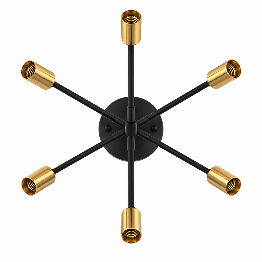 Black and Gold Six-Light Sputnik Ceiling Fixture — White-background alternate angle