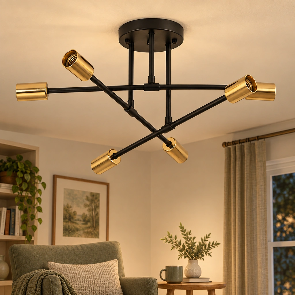Black and Gold Six-Light Sputnik Ceiling Fixture in an interior setting