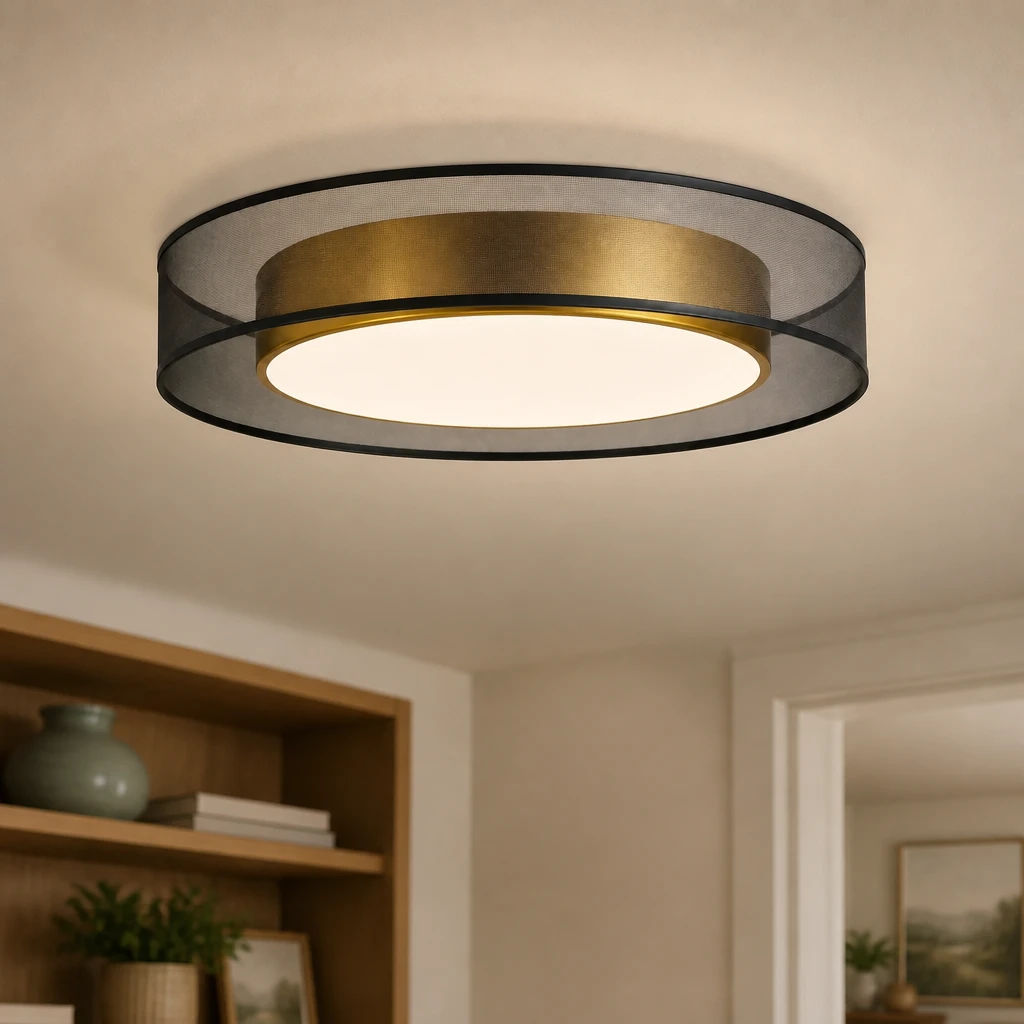 Black Mesh and Gold 40 cm LED Ceiling Light in an interior setting