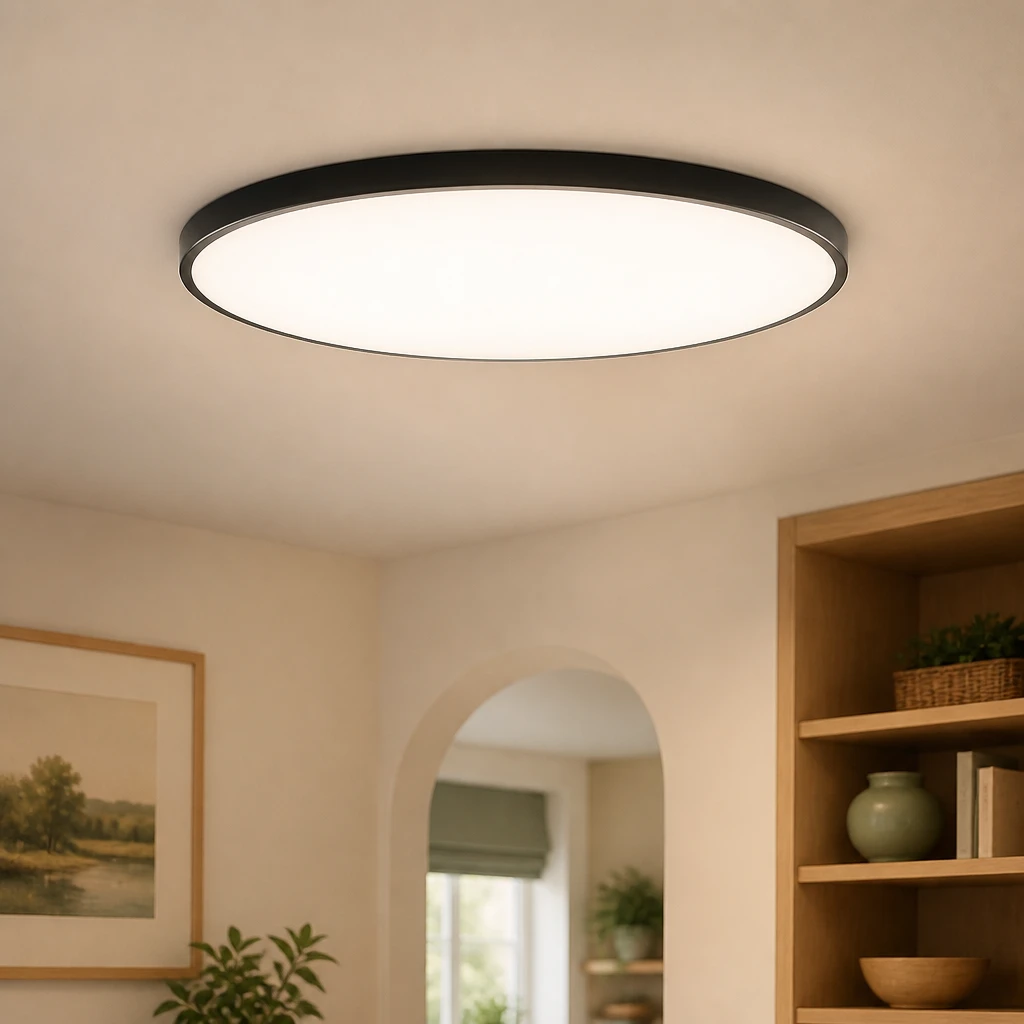 Black Round 18W LED Ceiling Light, Warm White in an interior setting