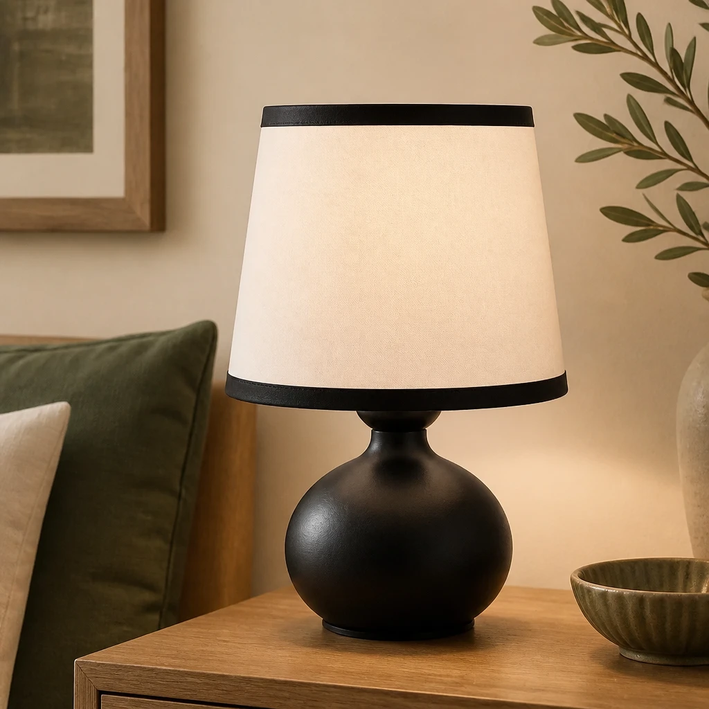Black Round-Base Table Lamp with Ivory Shade — Interior lifestyle view