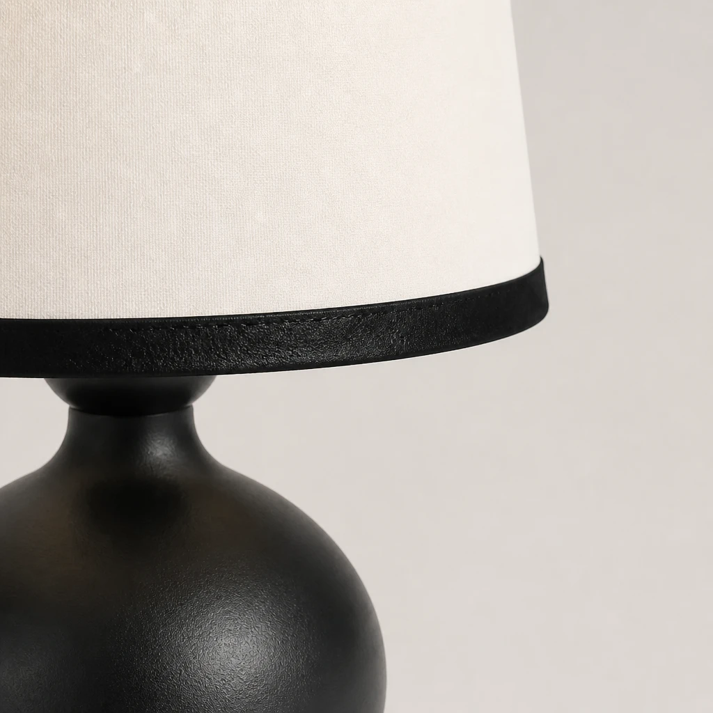 Black Round-Base Table Lamp with Ivory Shade — Material and construction detail