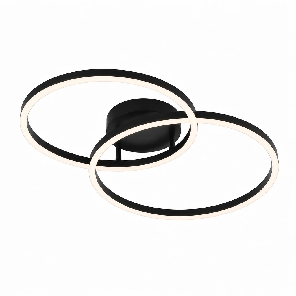 Black Two-Ring LED Ceiling Light with Remote — White-background alternate angle