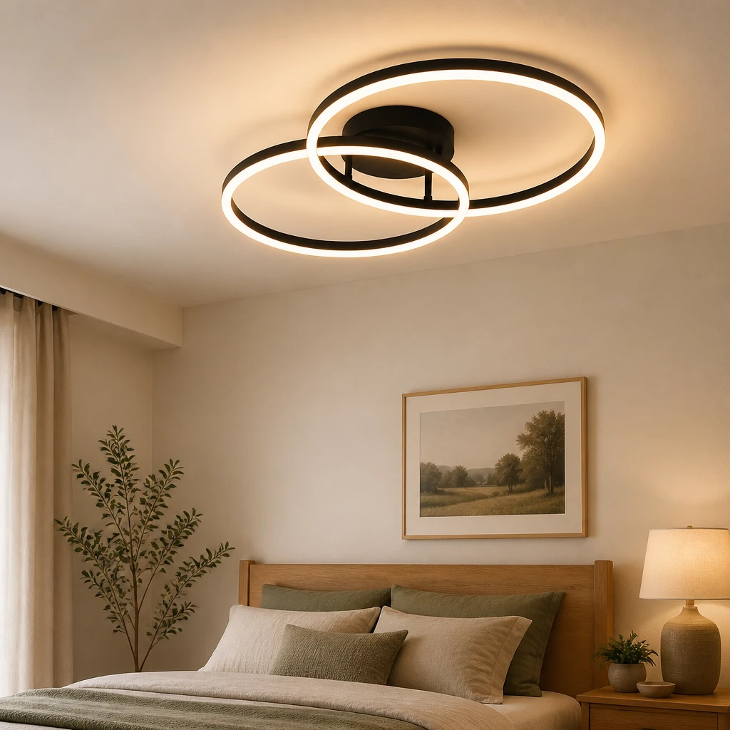 Black Two-Ring LED Ceiling Light with Remote in an interior setting