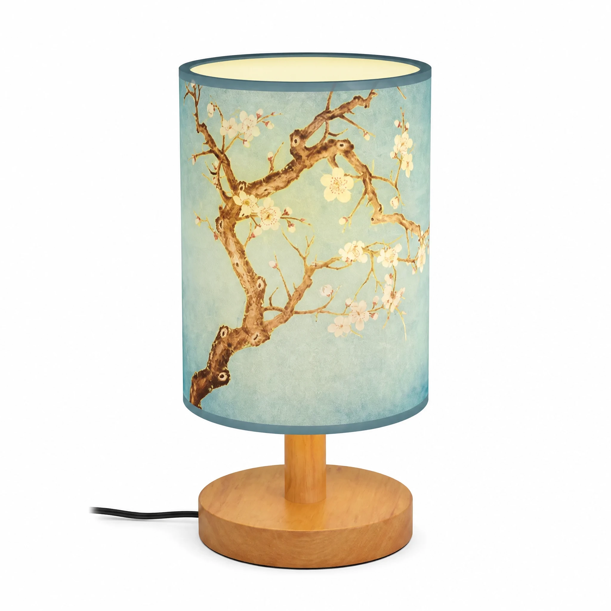 Blossom Print Cylinder Table Lamp with Wood Base — White-background main view Blossom Print Cylinder Table Lamp with Wood Base — White-background main view