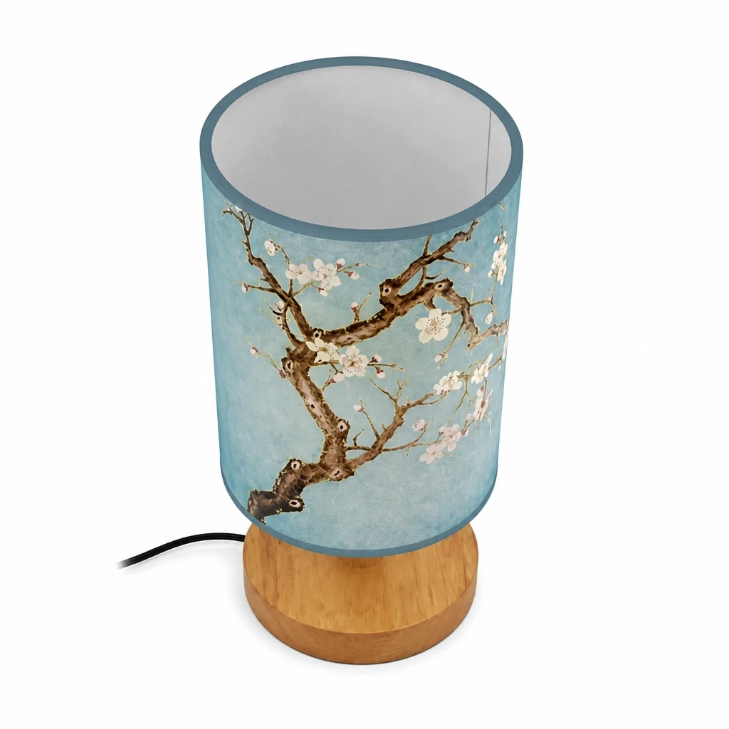 Blossom Print Cylinder Table Lamp with Wood Base — White-background alternate angle
