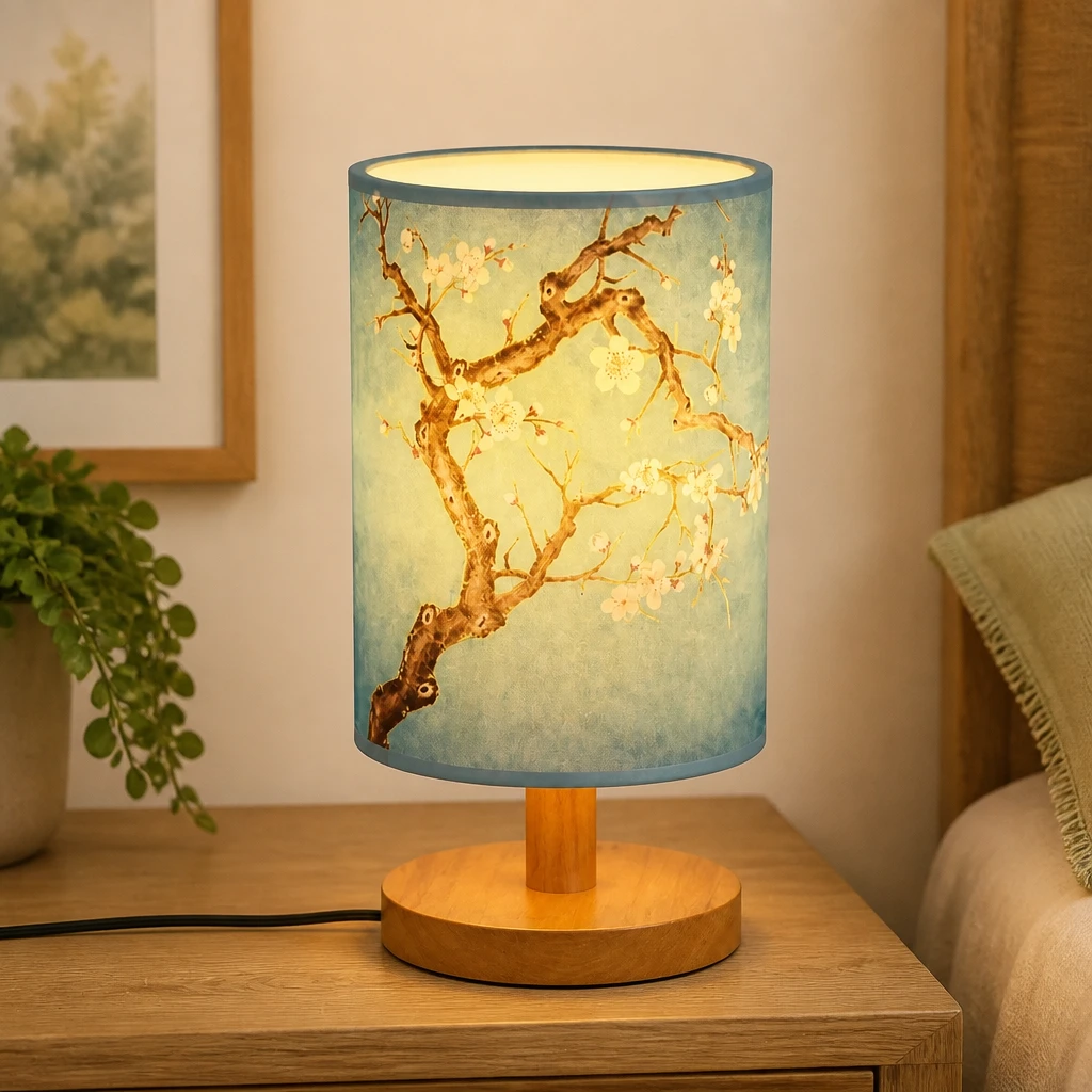 Blossom Print Cylinder Table Lamp with Wood Base in an interior setting