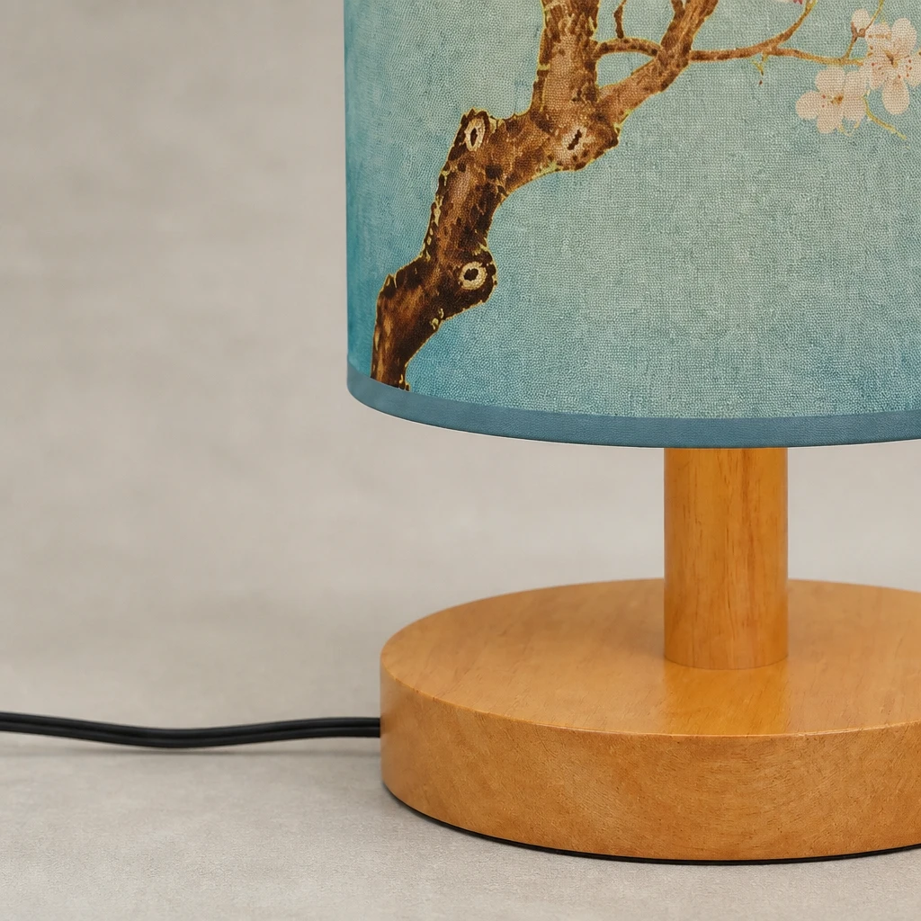 Blossom Print Cylinder Table Lamp with Wood Base — Material and construction detail