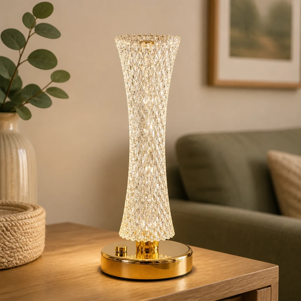 Gold Faceted Acrylic Rechargeable Table Lamp — Interior lifestyle view