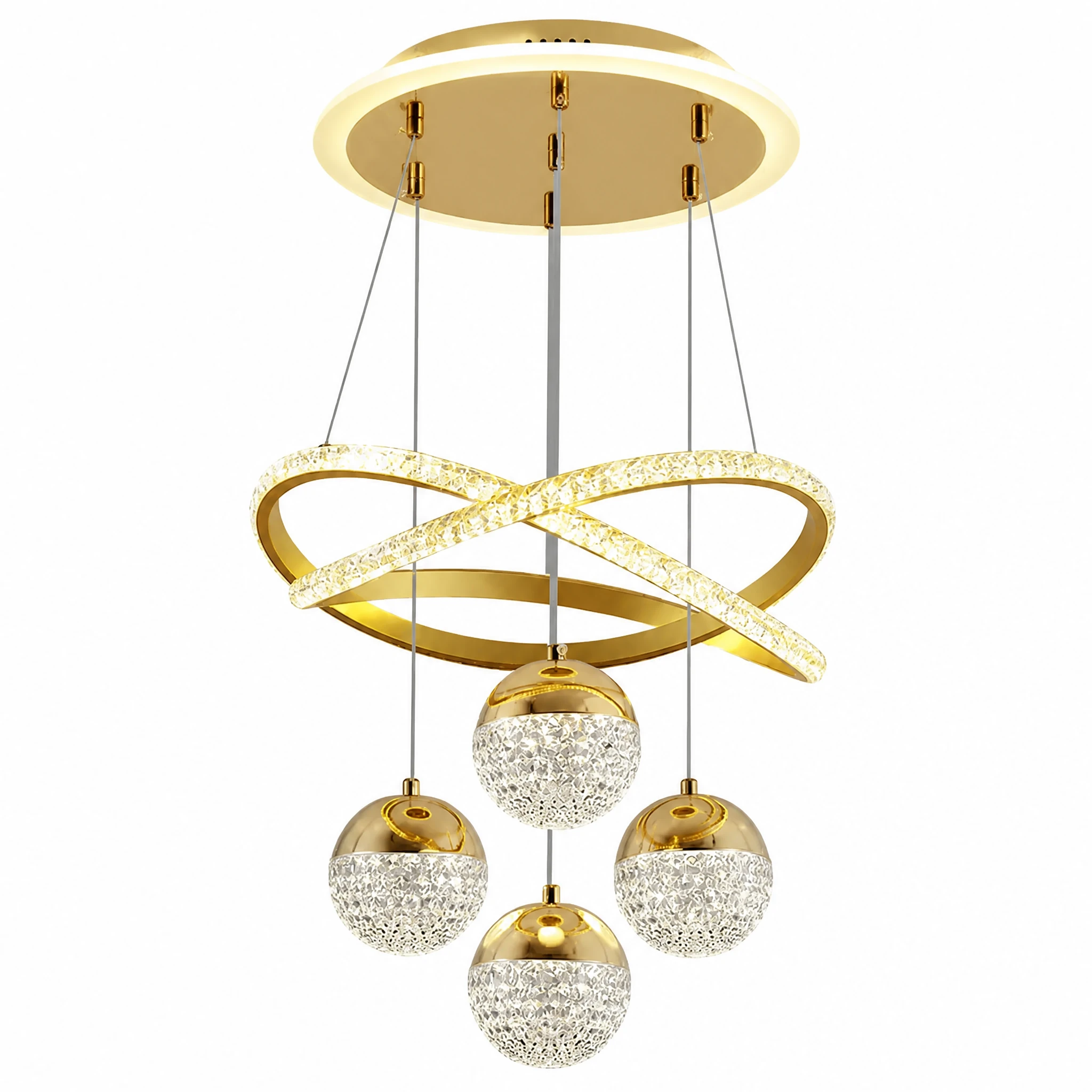Gold LED Loop Pendant Light with Four Crystal Globes — White-background main view Gold LED Loop Pendant Light with Four Crystal Globes — White-background main view