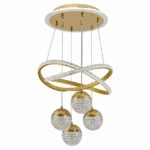 Gold LED Loop Pendant Light with Four Crystal Globes — Distinct alternate studio view on white