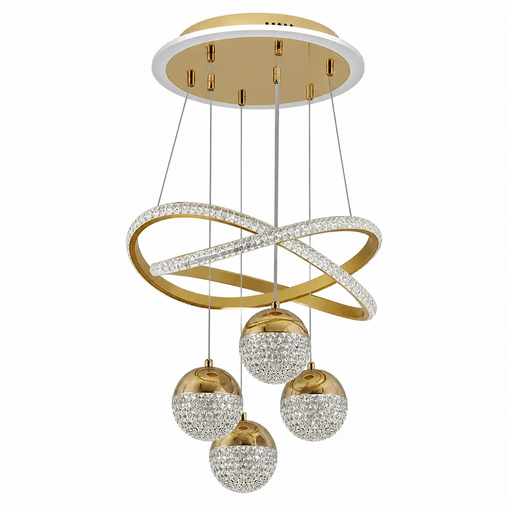 Gold LED Loop Pendant Light with Four Crystal Globes — Distinct alternate studio view on white