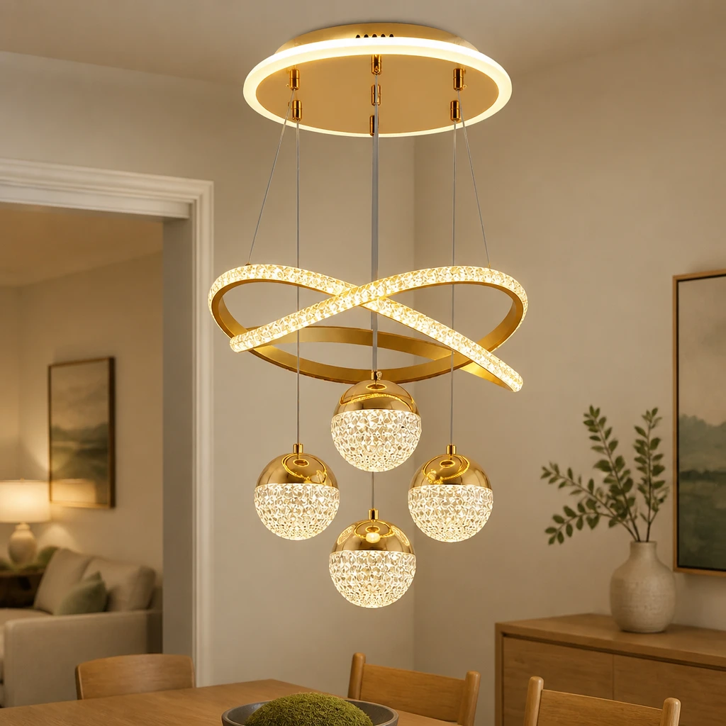 Gold LED Loop Pendant Light with Four Crystal Globes in an interior setting