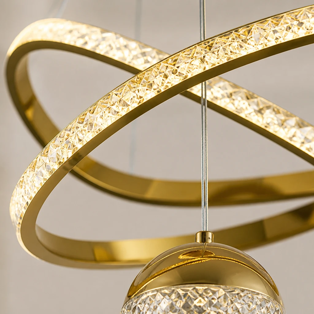 Gold LED Loop Pendant Light with Four Crystal Globes — Material and construction detail