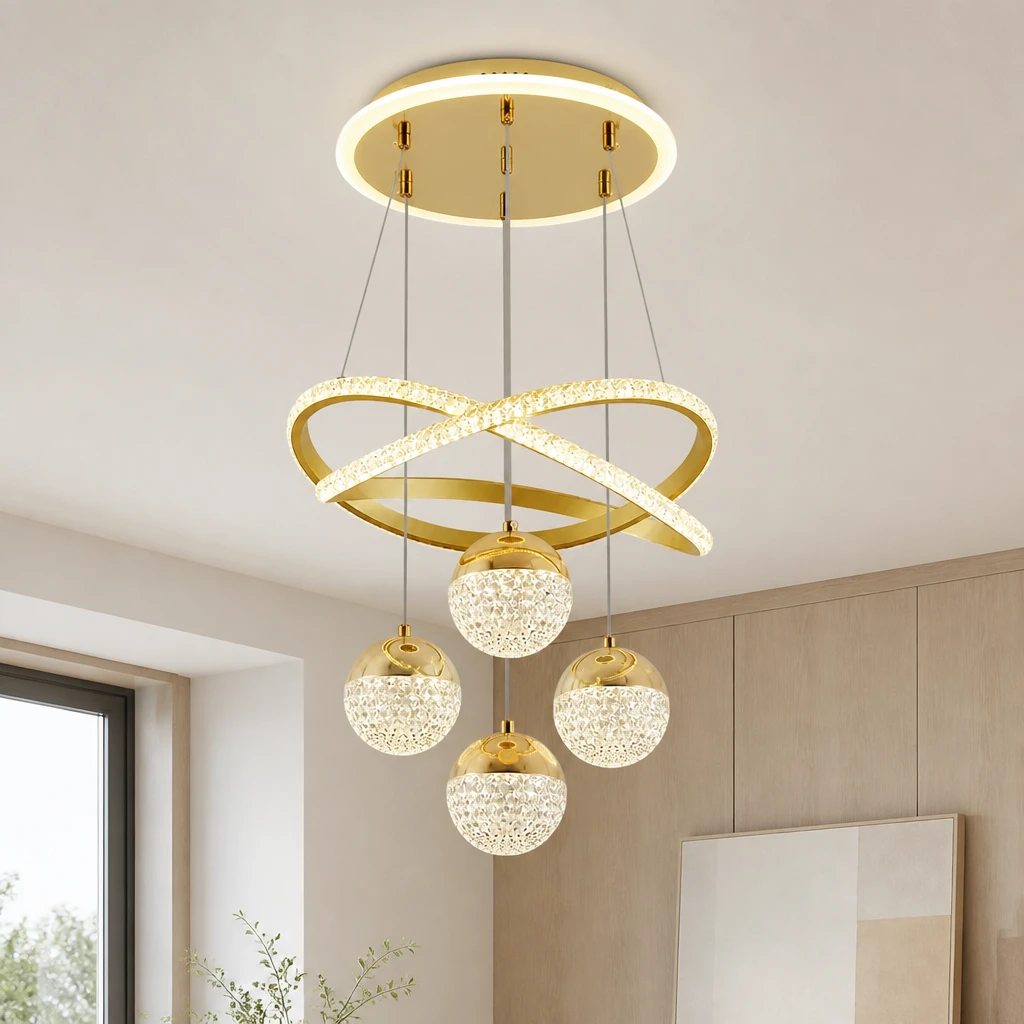 Gold LED Loop Pendant Light with Four Crystal Globes — Second interior view