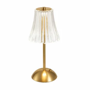 Gold Rechargeable Table Lamp with Fluted Clear Shade — White-background main view