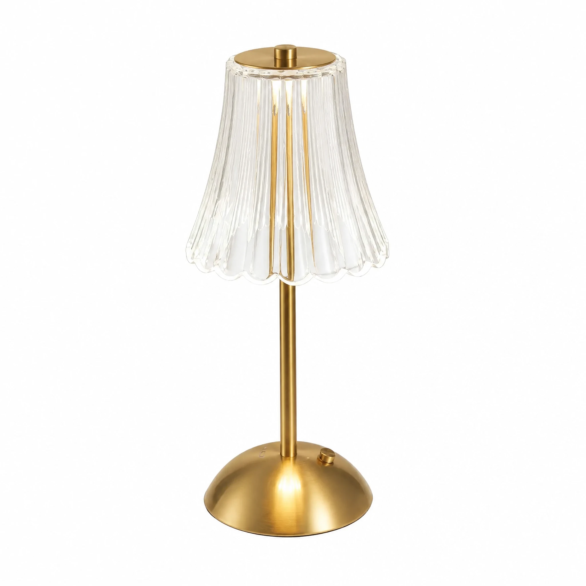 Gold Rechargeable Table Lamp with Fluted Clear Shade — White-background main view Gold Rechargeable Table Lamp with Fluted Clear Shade — White-background main view