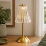 Gold Rechargeable Table Lamp with Fluted Clear Shade — Interior lifestyle view