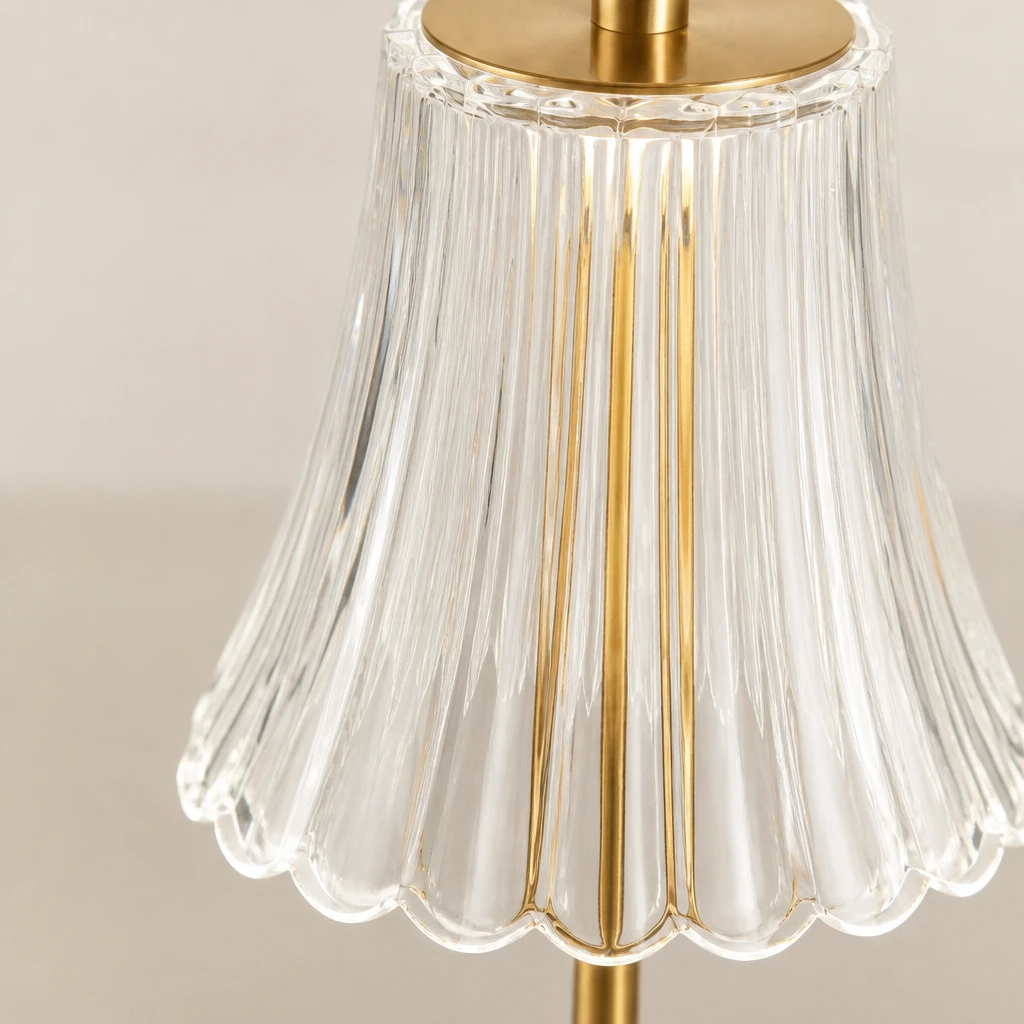 Gold Rechargeable Table Lamp with Fluted Clear Shade — Material and construction detail