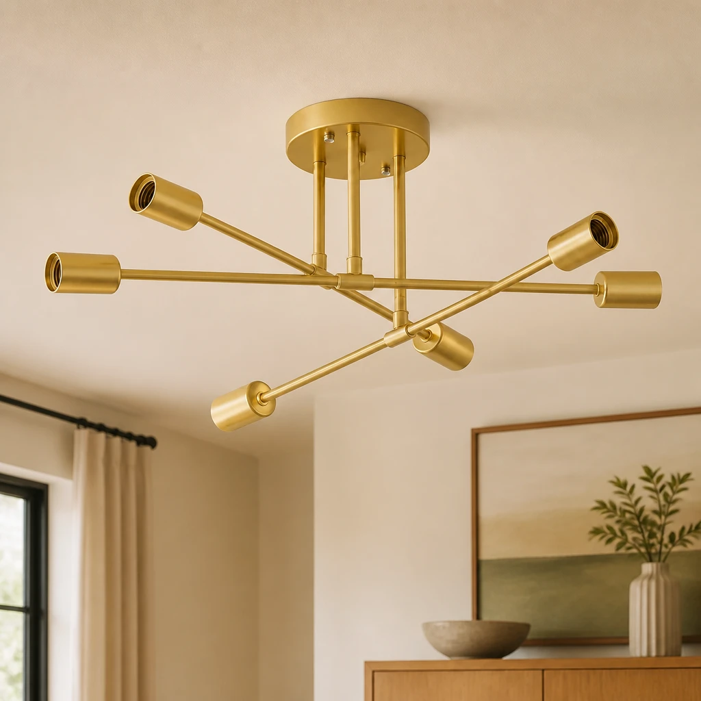 Gold Six-Light Sputnik Ceiling Fixture in an interior setting