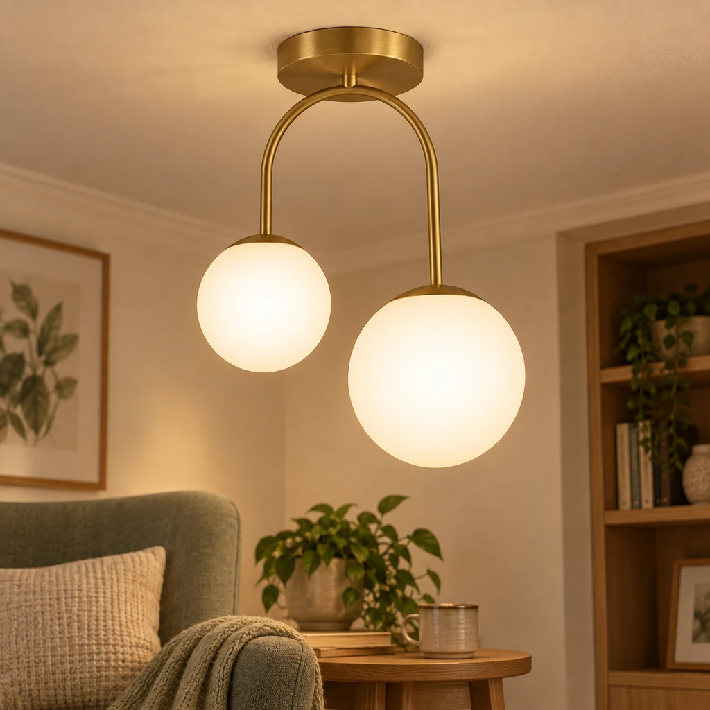 Gold Two-Globe Semi-Flush Ceiling Light in an interior setting
