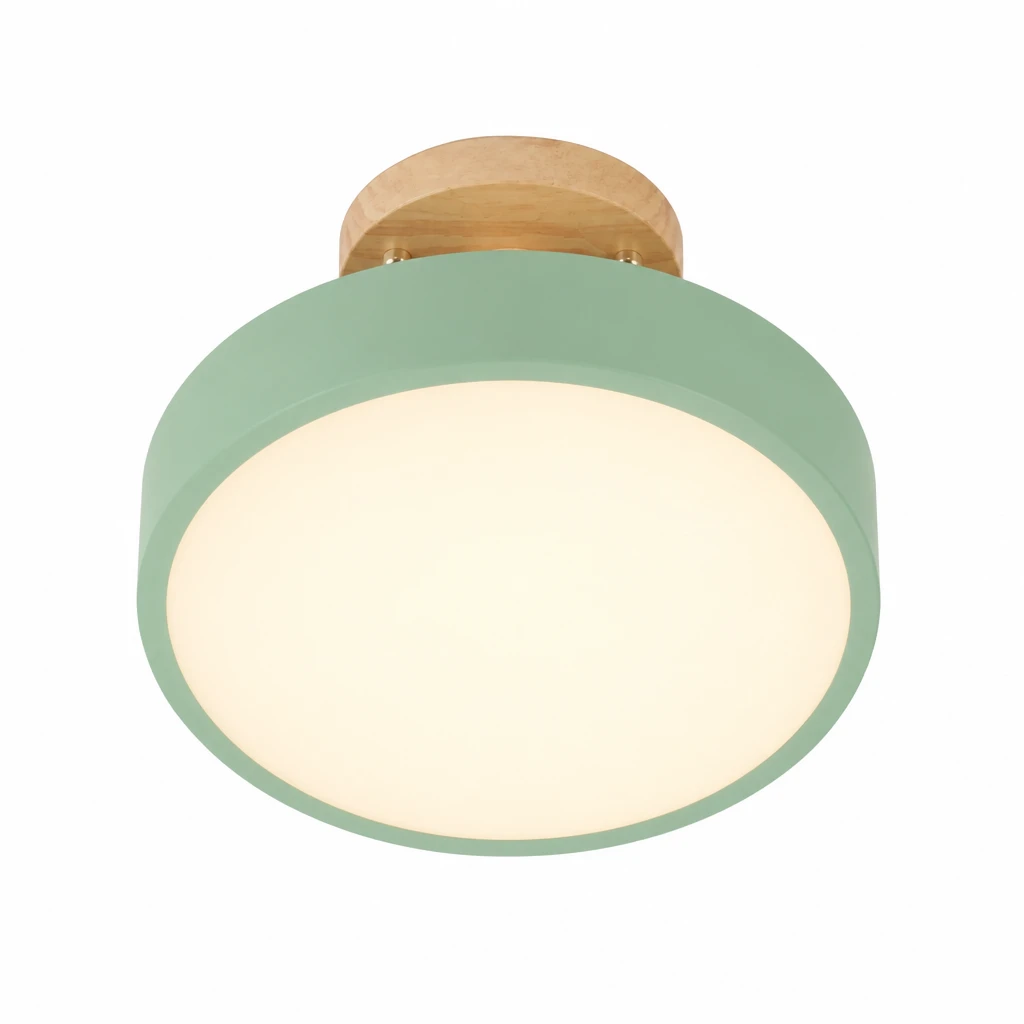 Green and Wood Round LED Ceiling Light — Distinct alternate studio view on white