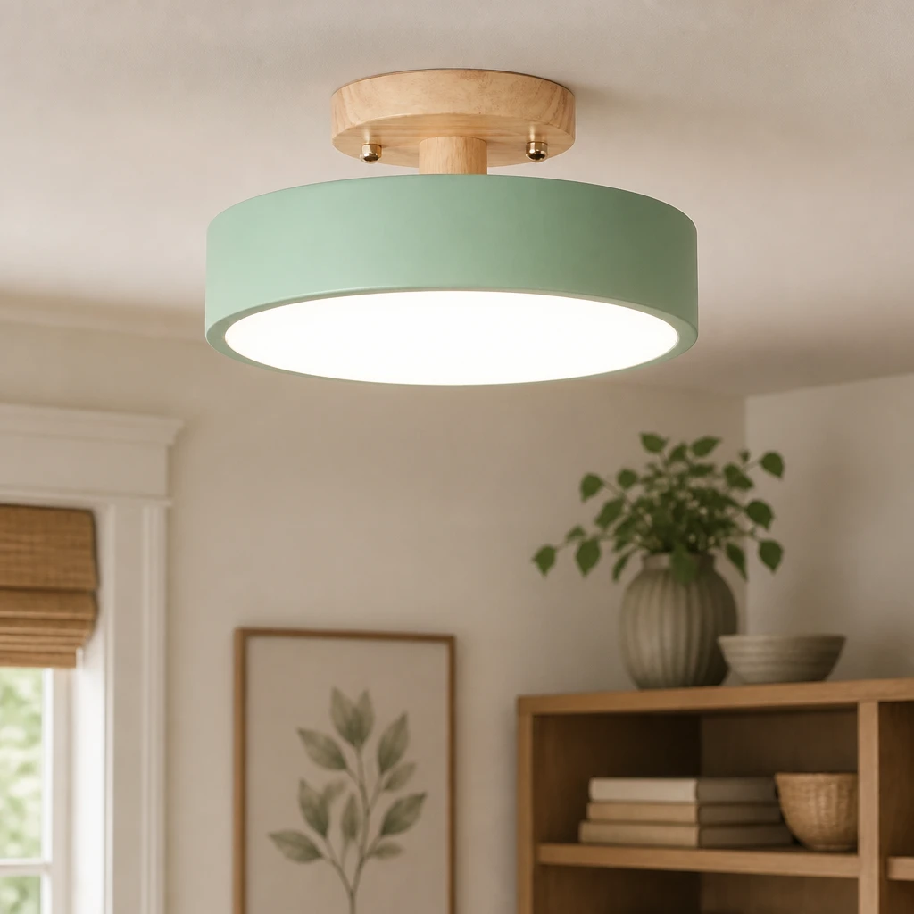 Green and Wood Round LED Ceiling Light — Interior lifestyle view