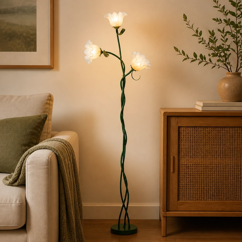 Green Three-Lily Floor Lamp in an interior setting