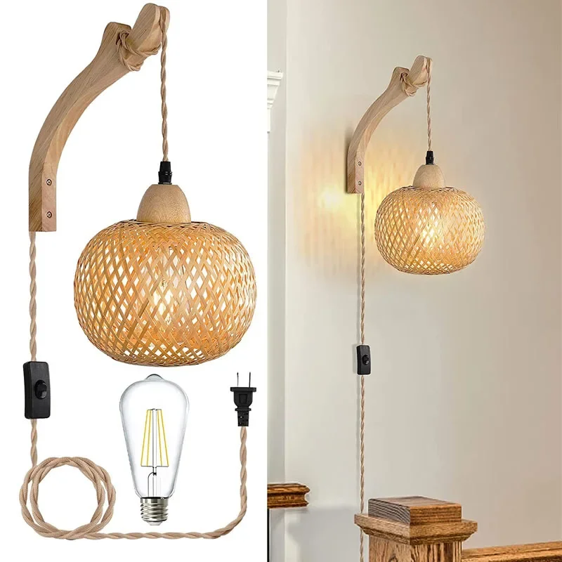 Bamboo Lantern Wall Lamp Natural Rattan Wicker E27 Chandeliers Hand-Woven Bamboo Room Decor Lampshades Wall Light Fixtures