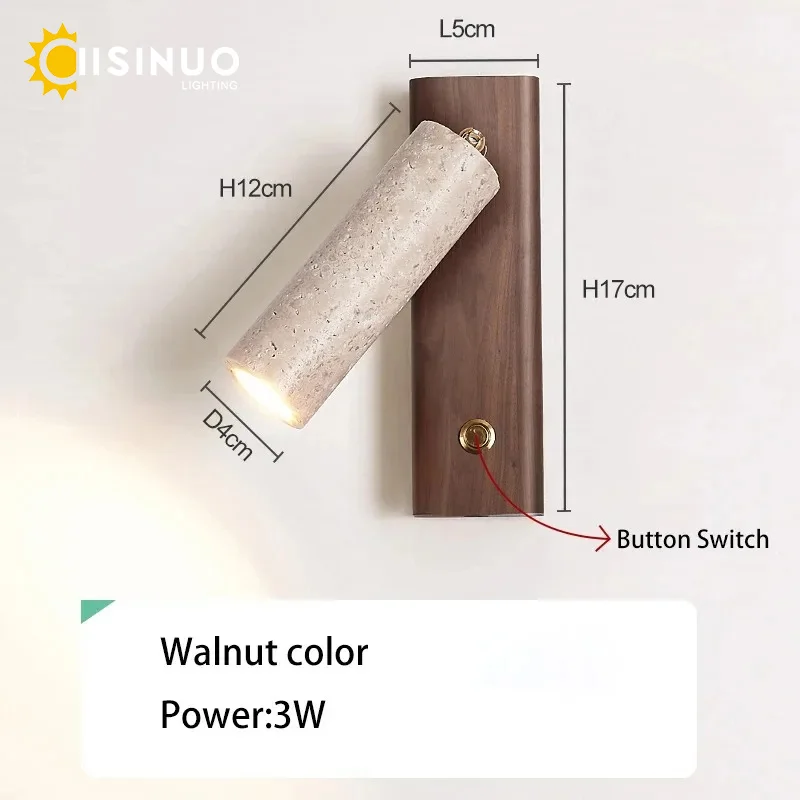 Wabi‑Sabi Natural Yellow Travertine Stone Wall Lamp Wood Rotating Light with Switch Bedside Light for Bedroom Corridor Home Deco - Image 5