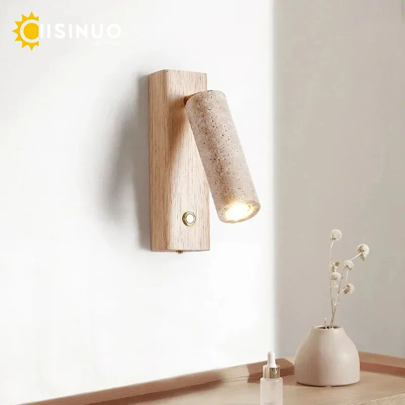 Wabi‑Sabi Natural Yellow Travertine Stone Wall Lamp Wood Rotating Light with Switch Bedside Light for Bedroom Corridor Home Deco - Image 4
