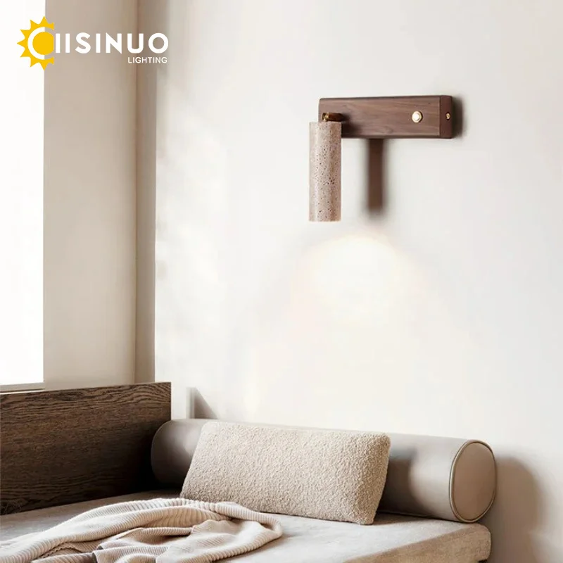 Wabi‑Sabi Natural Yellow Travertine Stone Wall Lamp Wood Rotating Light with Switch Bedside Light for Bedroom Corridor Home Deco - Image 2