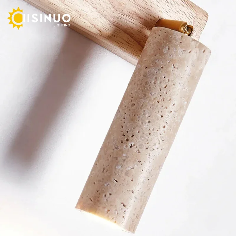 Wabi‑Sabi Natural Yellow Travertine Stone Wall Lamp Wood Rotating Light with Switch Bedside Light for Bedroom Corridor Home Deco - Image 6