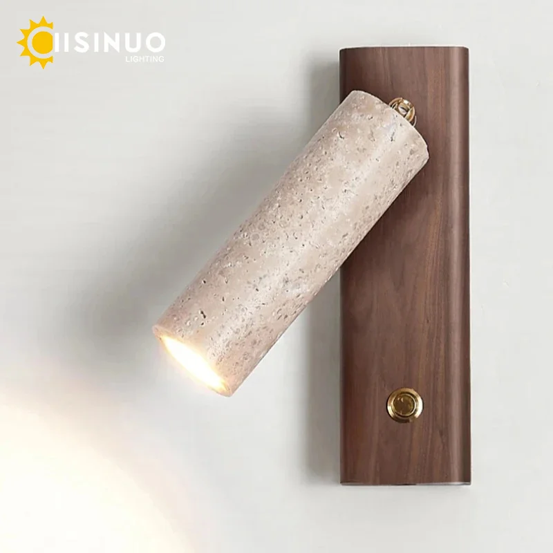 Wabi‑Sabi Natural Yellow Travertine Stone Wall Lamp Wood Rotating Light with Switch Bedside Light for Bedroom Corridor Home Deco