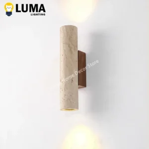 Wabi Sabi Style Yellow Travertine Wall Lamp Vintage Stone and Wood Sconce Light for Bedroom Bedside Living Room Stair Home Decor