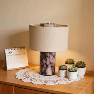 Modern Marble Table Lamp Natural Stone Bedside Lamp with Fabric Shade