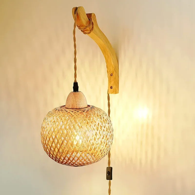 Bamboo Lantern Wall Lamp Natural Rattan Wicker E27 Chandeliers Hand-Woven Bamboo Room Decor Lampshades Wall Light Fixtures - Image 2