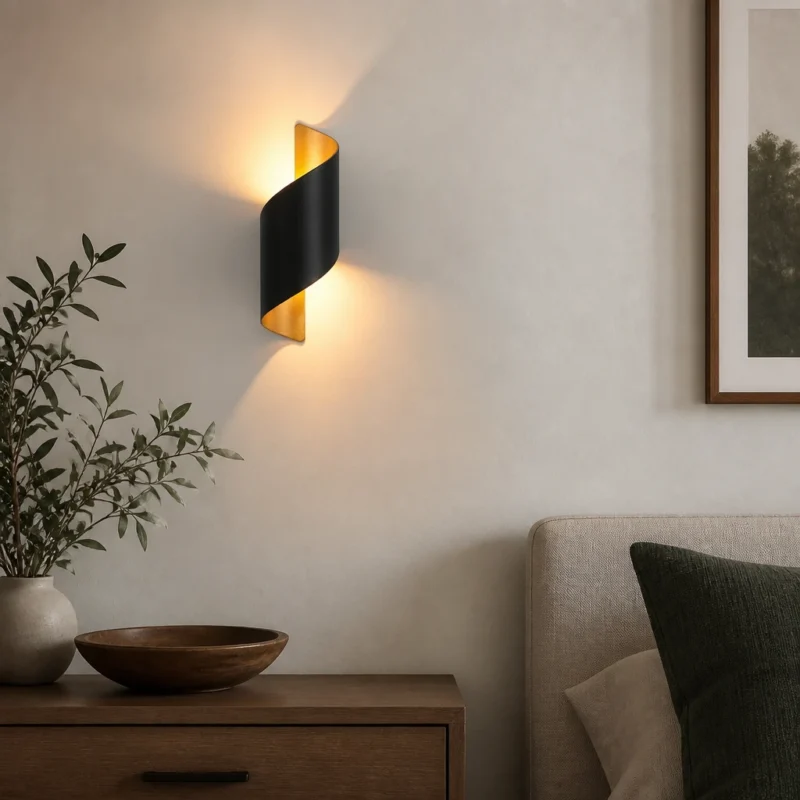 Black and Gold Spiral LED Wall Light, 10W — in an interior setting