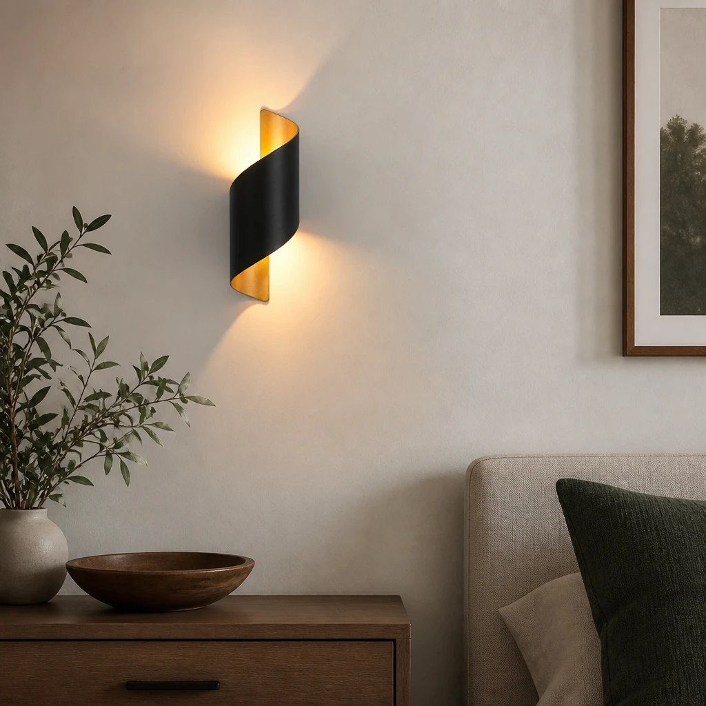 Black and Gold Spiral LED Wall Light, 10W in an interior setting