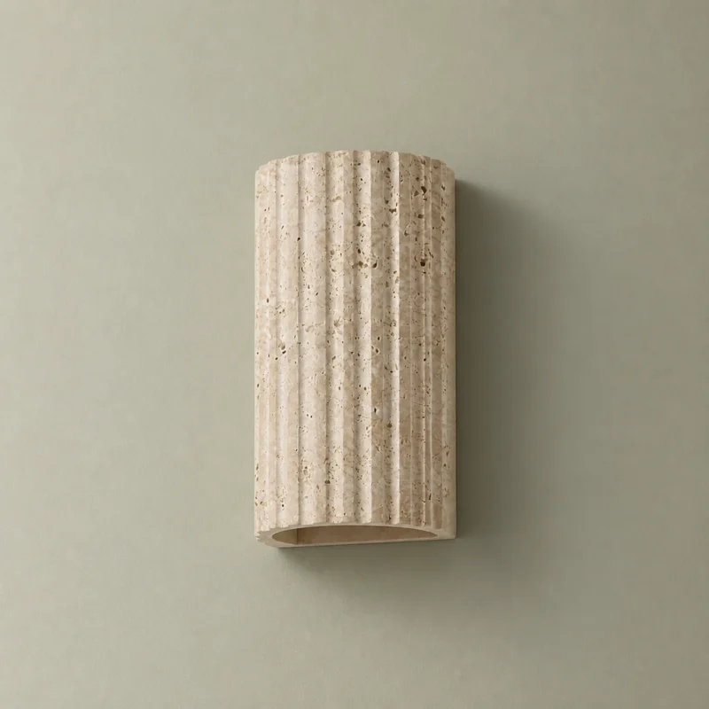 Fluted Travertine Up and Down Wall Light — complete fixture in an interior setting