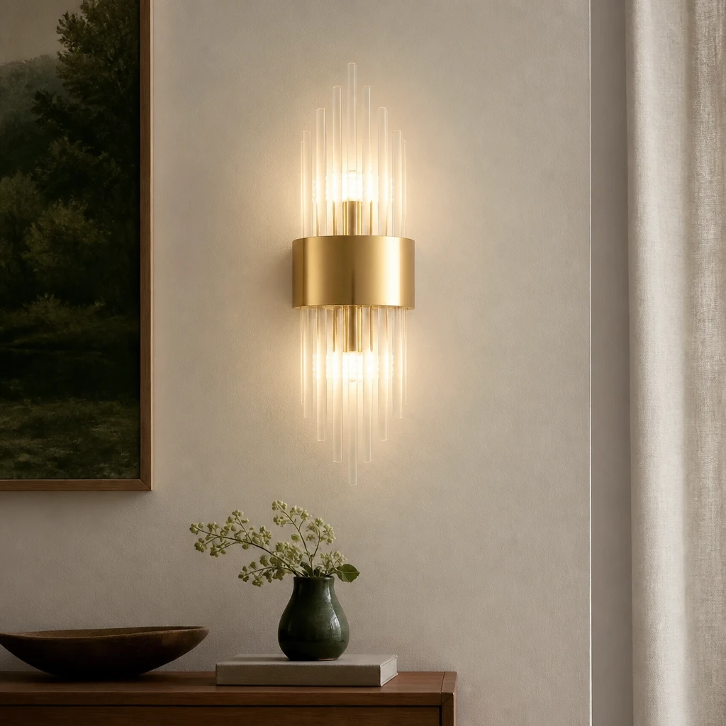 Gold Crystal Rod Wall Sconce, 35cm in an interior setting