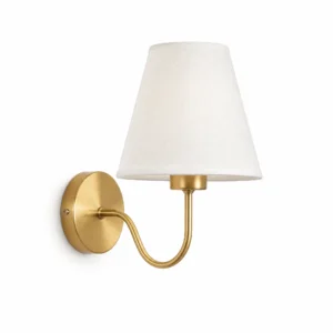 Gold Curved Arm Wall Sconce with Fabric Shade — main view on white