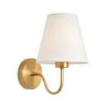 Gold Curved Arm Wall Sconce with Fabric Shade — alternate view on white