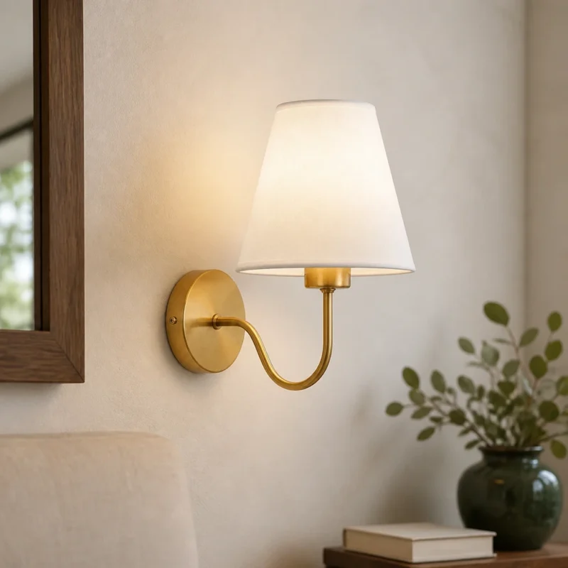 Gold Curved Arm Wall Sconce with Fabric Shade — in an interior setting