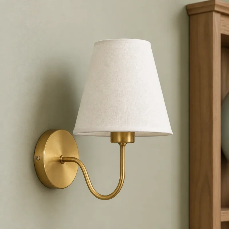 Gold Curved Arm Wall Sconce with Fabric Shade — material and shade detail