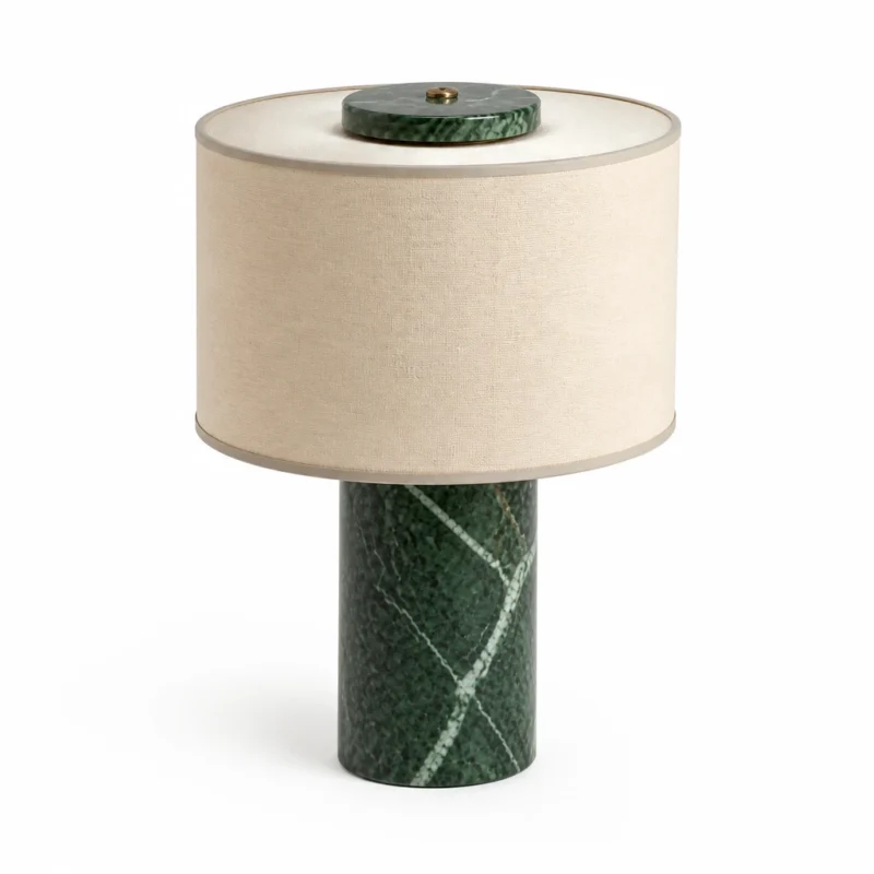 Green Marble Table Lamp with Fabric Drum Shade — alternate view on white