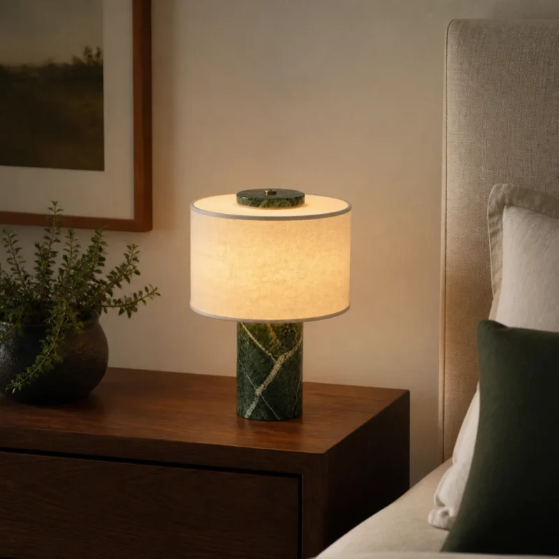 Green Marble Table Lamp with Fabric Drum Shade — in an interior setting