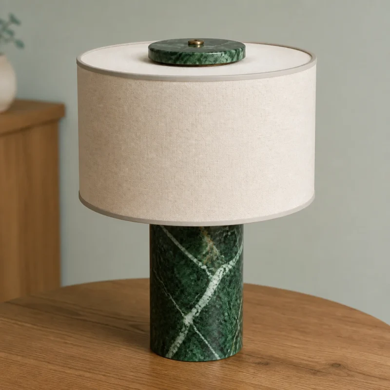 Green Marble Table Lamp with Fabric Drum Shade — material and shade detail