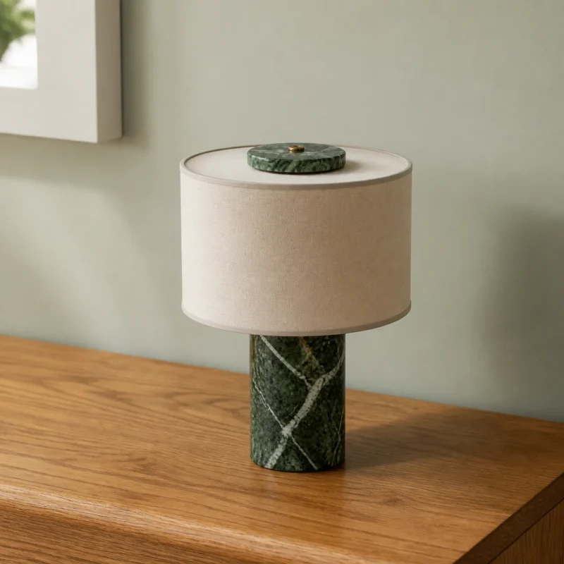 Green Marble Table Lamp with Fabric Drum Shade — complete fixture in an interior setting